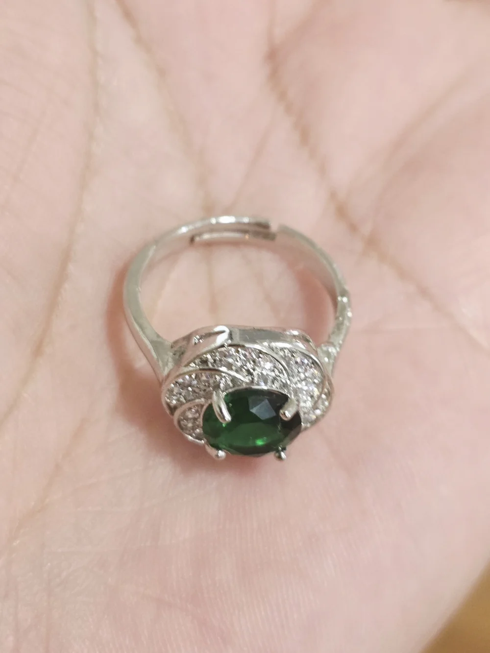 White Gold Plated Ring with Emerald Green Center Stone